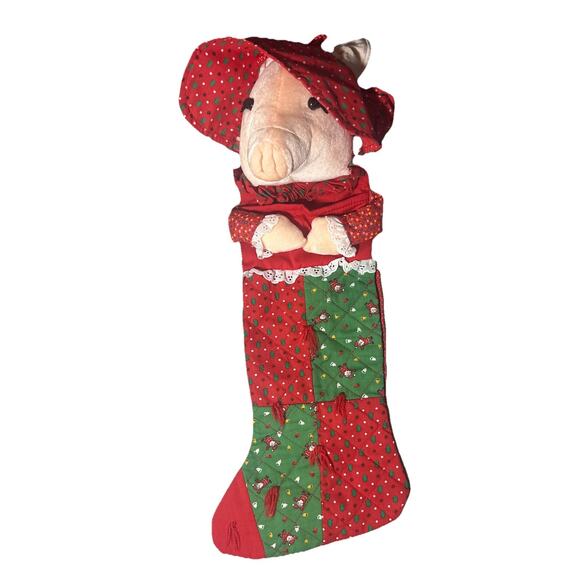 Vintage Smithy Plush Pig Christmas Stocking 18 in Quilted Red Green 80s 90s - Picture 1 of 9